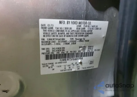 2015 Lincoln Mks z USA, uszkodzony, nr VIN 1LNHL9FT5FG601884